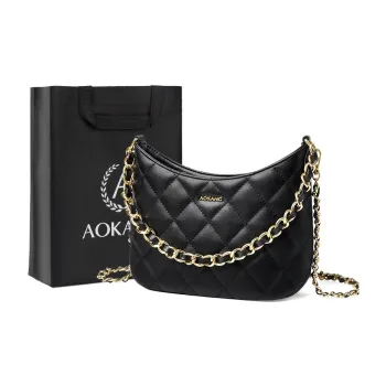 AOKANG Cow Leather Shoulder Bag Crossbody Bag Diamond Pattern Chain Commuter Bag Regular Women's Classic Black/Ecru