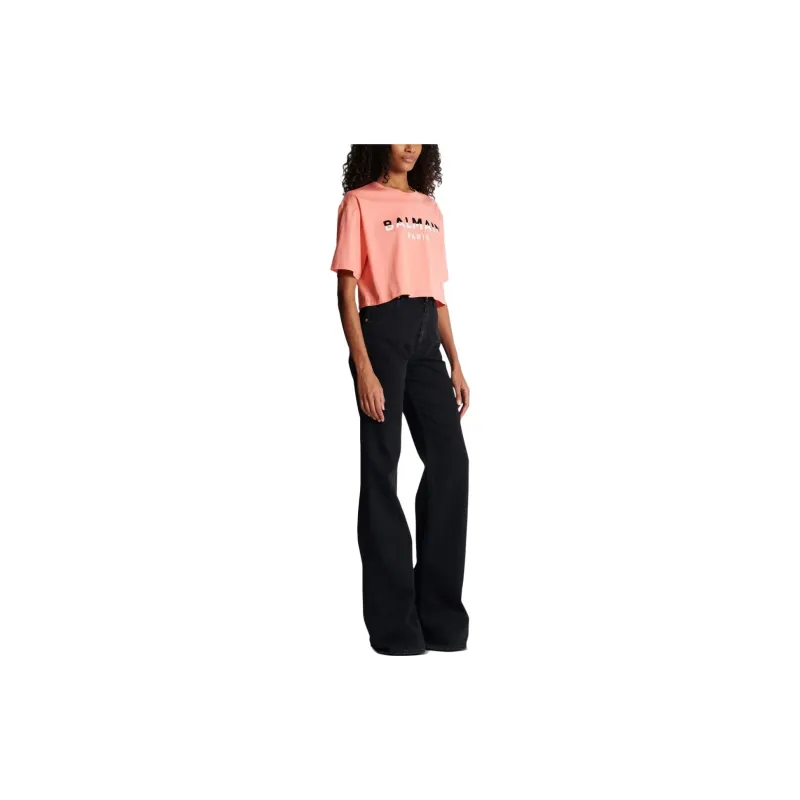BALMAIN Flocked Logo Cropped T Shirt 'Salmon/Black/White'-4