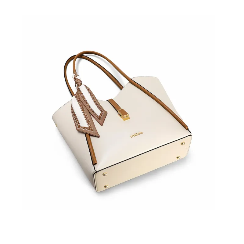 MILLIE'S Cow Leather With Synthetic Leather Tote Bag, Shopping Bag, Handbag Regular Women's Ecru-3