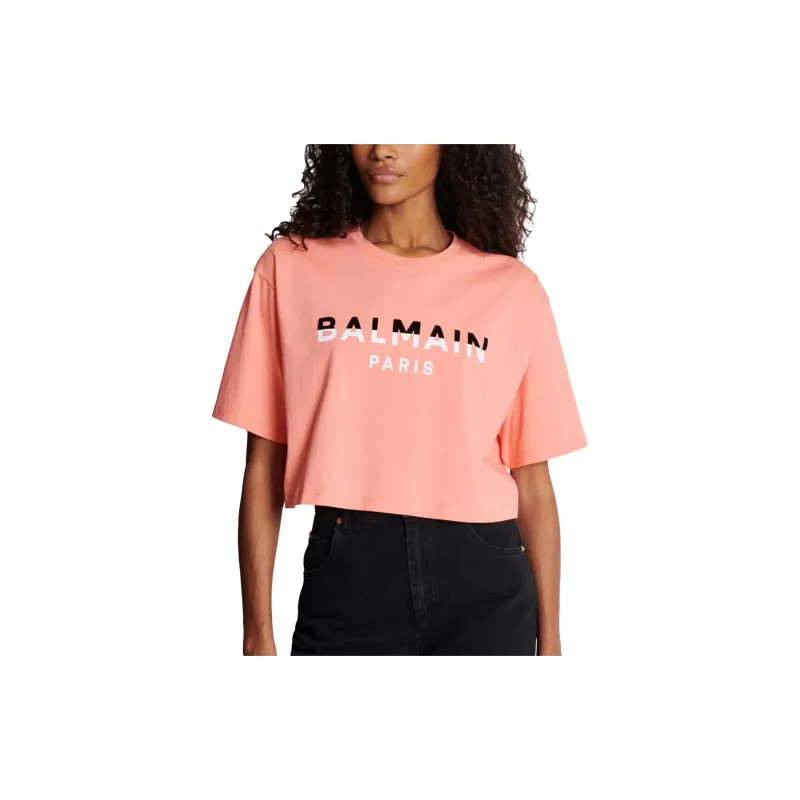 BALMAIN Flocked Logo Cropped T Shirt 'Salmon/Black/White'-3
