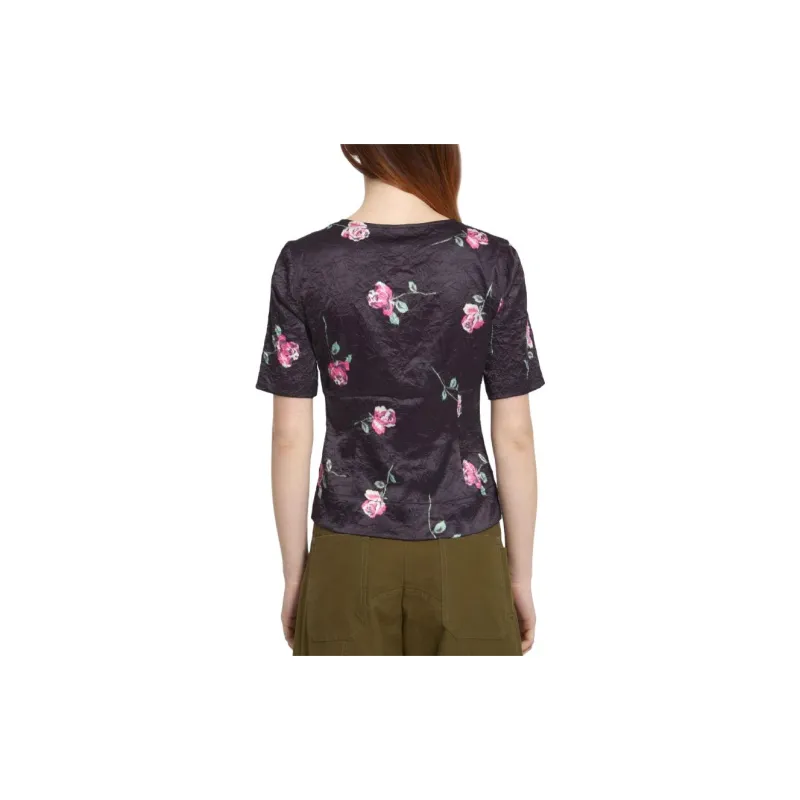 GANNI Floral Printed U-Neck Crinkled Satin Blouse-1
