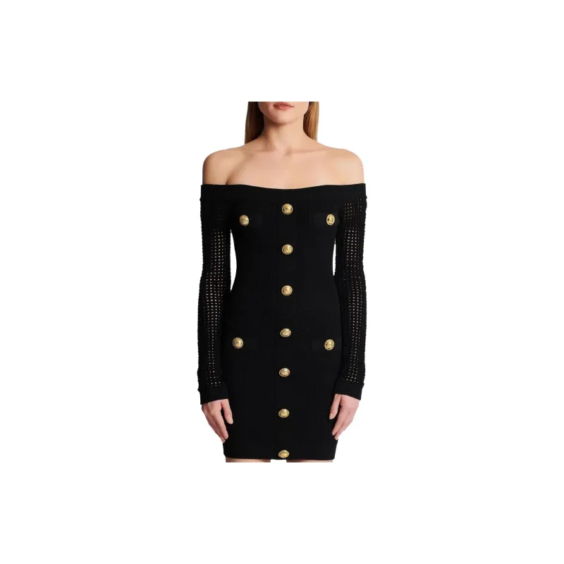 BALMAIN Off-The-Shoulder Mesh Knit Dress-1
