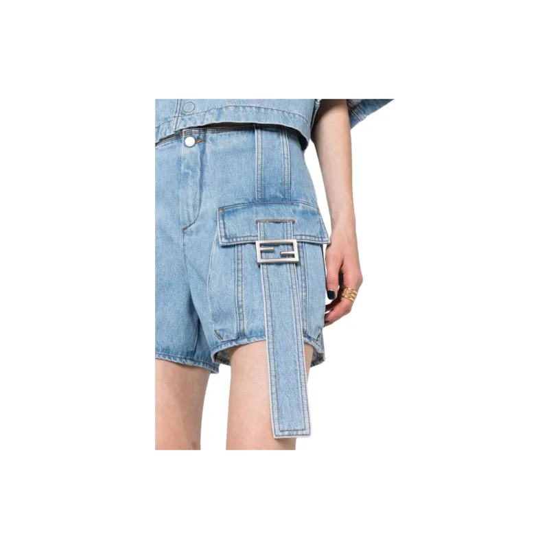 FENDI Ff Baguette Buckled Denim Shorts-7