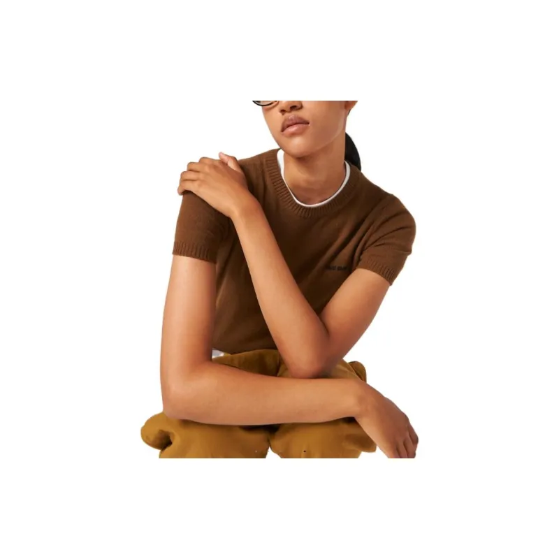 MIU MIU Logo Intarsia Knitted Short Sleeved Pullover-8