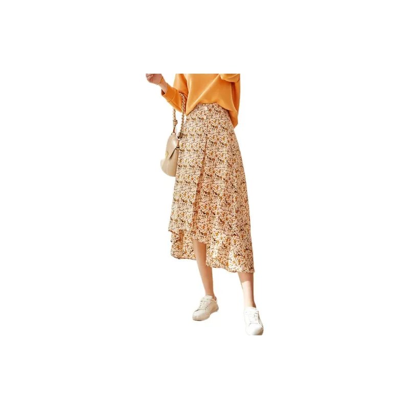 Olrain Casual Long Skirts Women's Yellow Floral-3