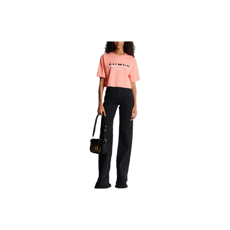 BALMAIN Flocked Logo Cropped T Shirt 'Salmon/Black/White'-1