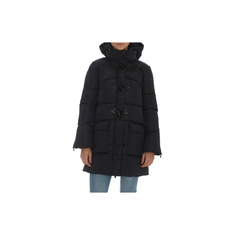 PINKO Solid Color Hooded Loose Fit Thickened Mid-Length Puffer Jacket Women's Black-2