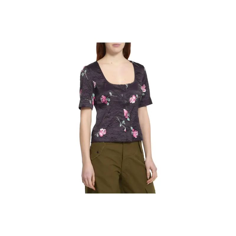 GANNI Floral Printed U-Neck Crinkled Satin Blouse-2