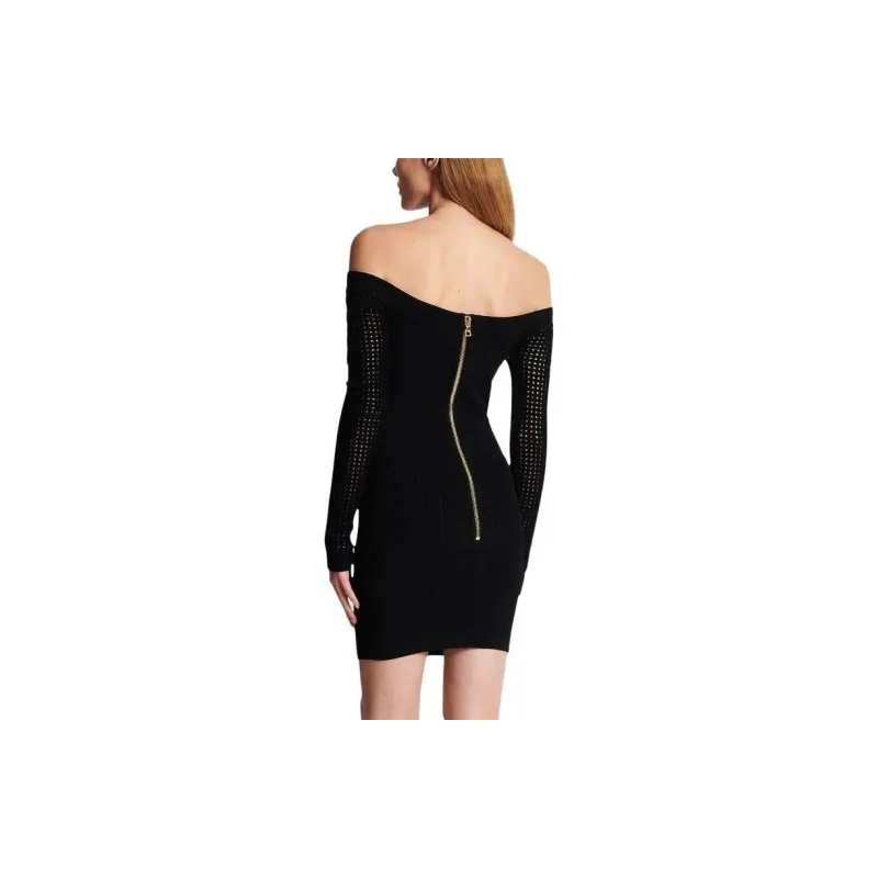BALMAIN Off-The-Shoulder Mesh Knit Dress-2