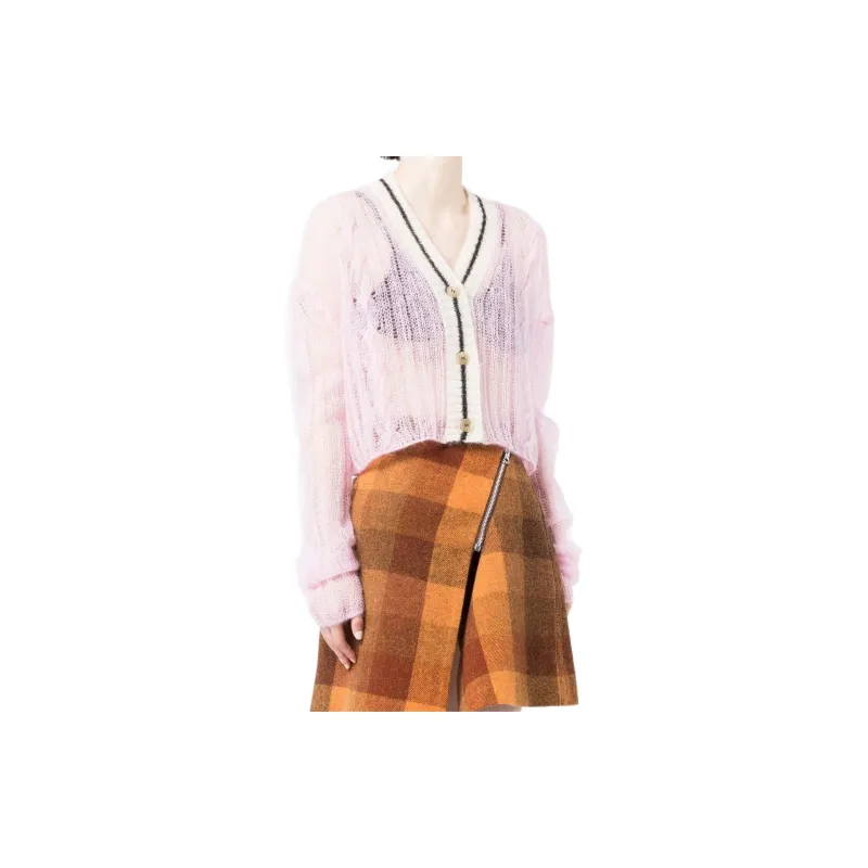 PALM ANGELS Women's Mohair Wool Blend Contrasting Trim Cardigan Pink/Cloud White-2
