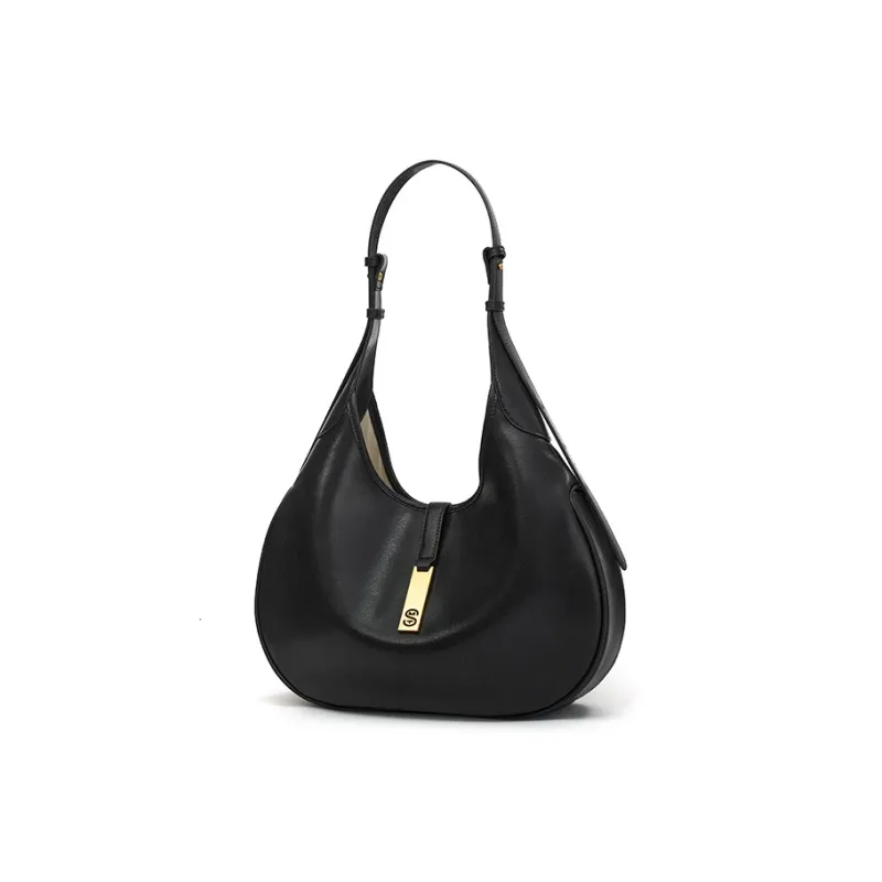 Simedin Cow Leather Shoulder Bag Medium Size Women's Deep Black/Brown-1