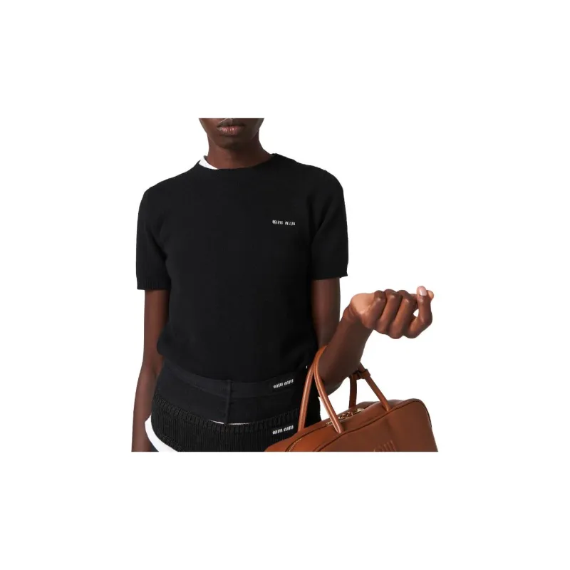 MIU MIU Logo Intarsia Knitted Short Sleeved Pullover-2