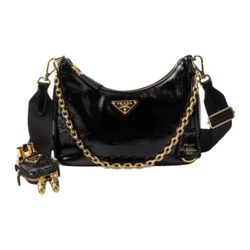 PRADA Re Edition Patent Leather Portable Crossbody Bag Shoulder Bag Women's Black