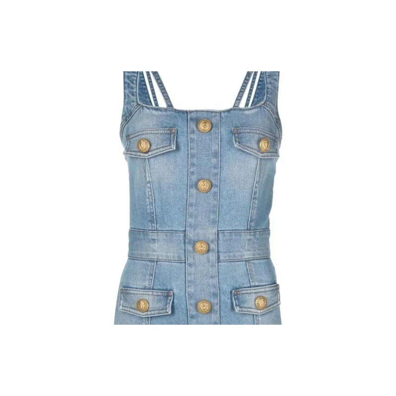 BALMAIN Button Detailed Sleeveless Denim Dress-3