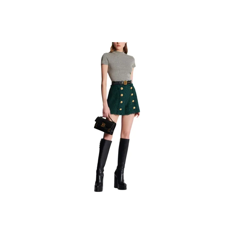 BALMAIN High-Waist Button-Detailed Tweed Shorts-1