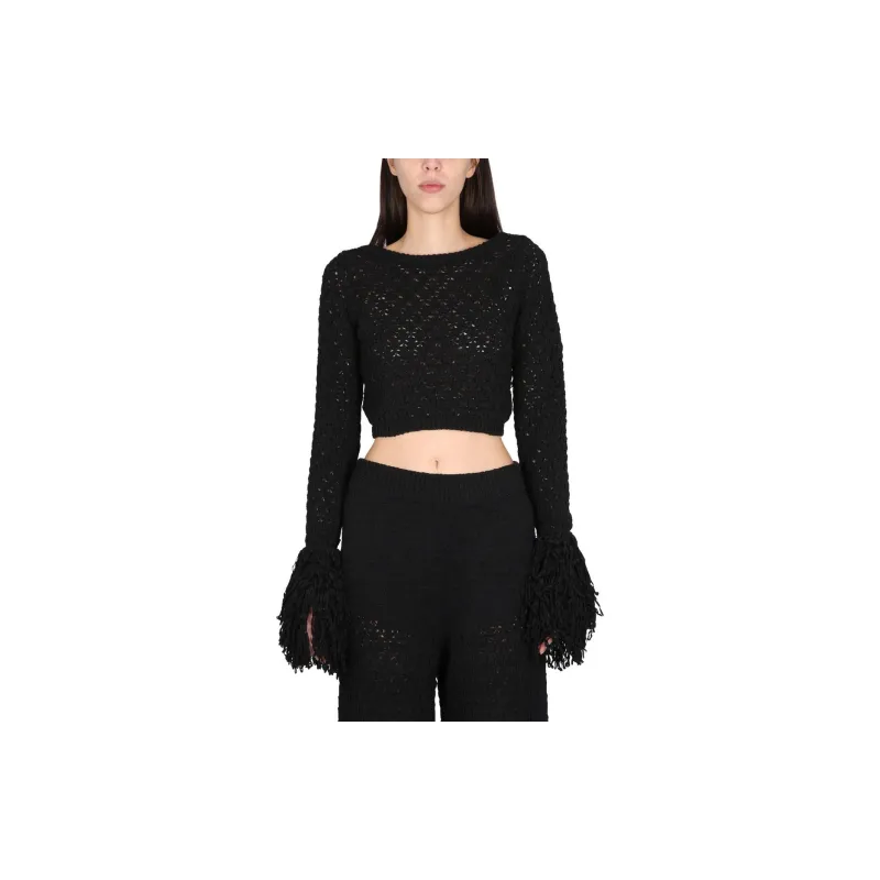 Rotate Open Back Crewneck Cropped Sweater-1