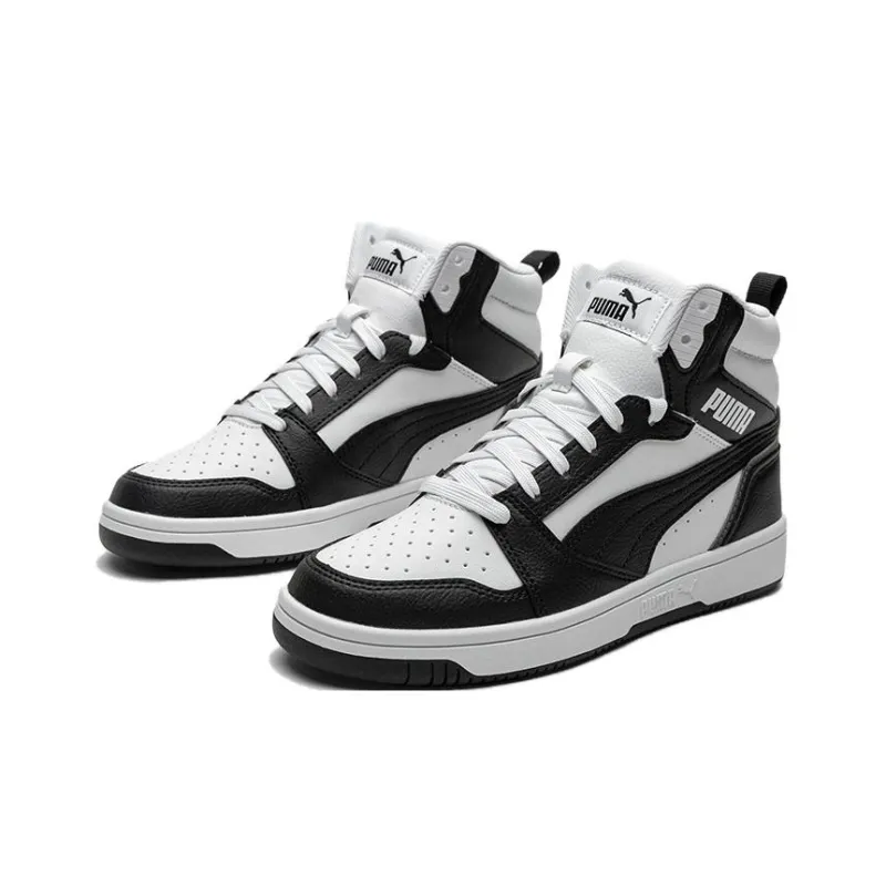PUMA Rebound V6 Abrasion Resistant Slip Resistant Mid Top Children's Basketball Shoes Black White Teenagers-1