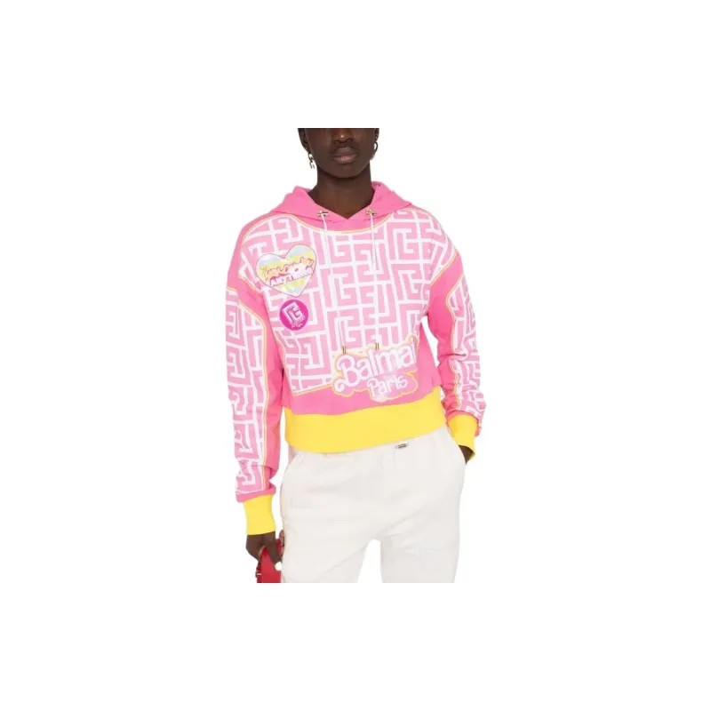 BALMAIN X Barbie Cotton Cropped Sweatshirt Pink BALMAIN Logo Print-2