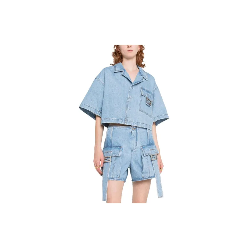 FENDI Ff Baguette Buckled Denim Shorts-6