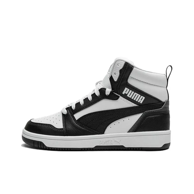 PUMA Rebound V6 Abrasion Resistant Slip Resistant Mid Top Children's Basketball Shoes Black White Teenagers-0