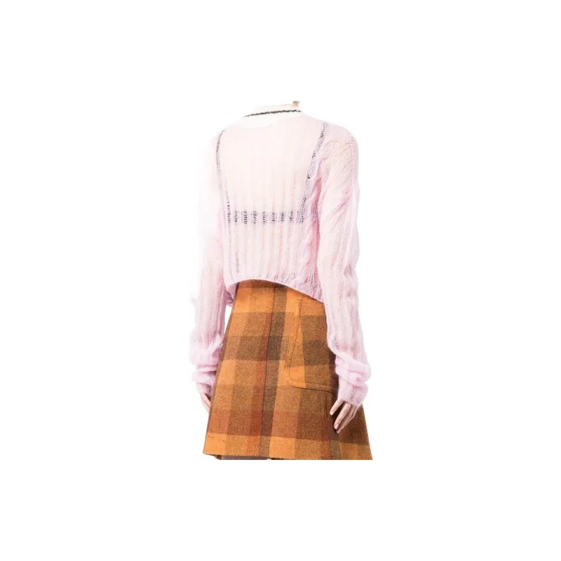 PALM ANGELS Women's Mohair Wool Blend Contrasting Trim Cardigan Pink/Cloud White-3