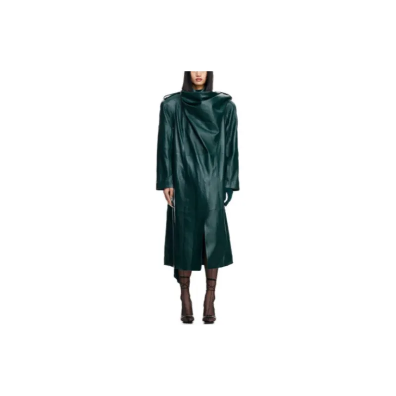 Mugler H&M Leather Trench Coat With Scarf Dark Green-1