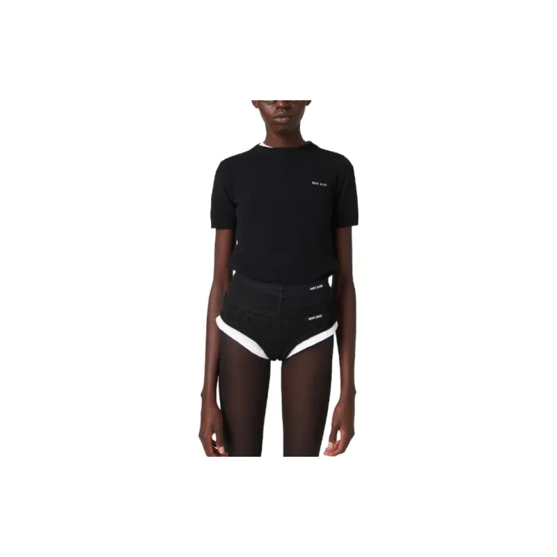 MIU MIU Logo Intarsia Knitted Short Sleeved Pullover-1