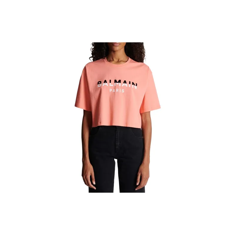 BALMAIN Flocked Logo Cropped T Shirt 'Salmon/Black/White'-2