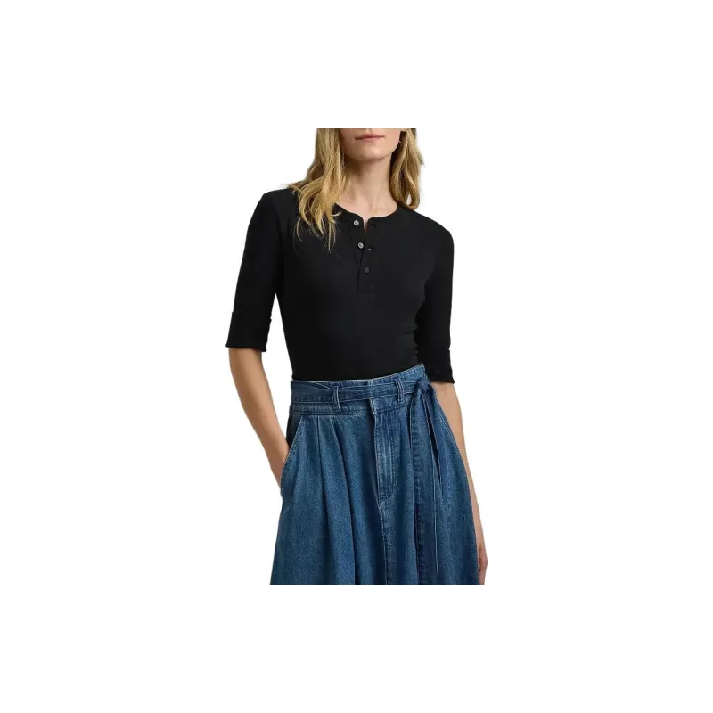 LAUREN RALPH LAUREN Solid Color Button Pullover Slim Fit Five Button Long Sleeved T Shirt Women's Black-1