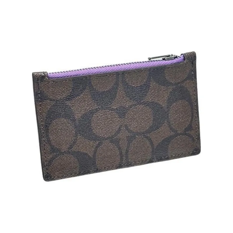COACH Card Case Canvas With Calfskin Wallets Card Holders Men's Coffee Antique Floral Pattern Purple-4