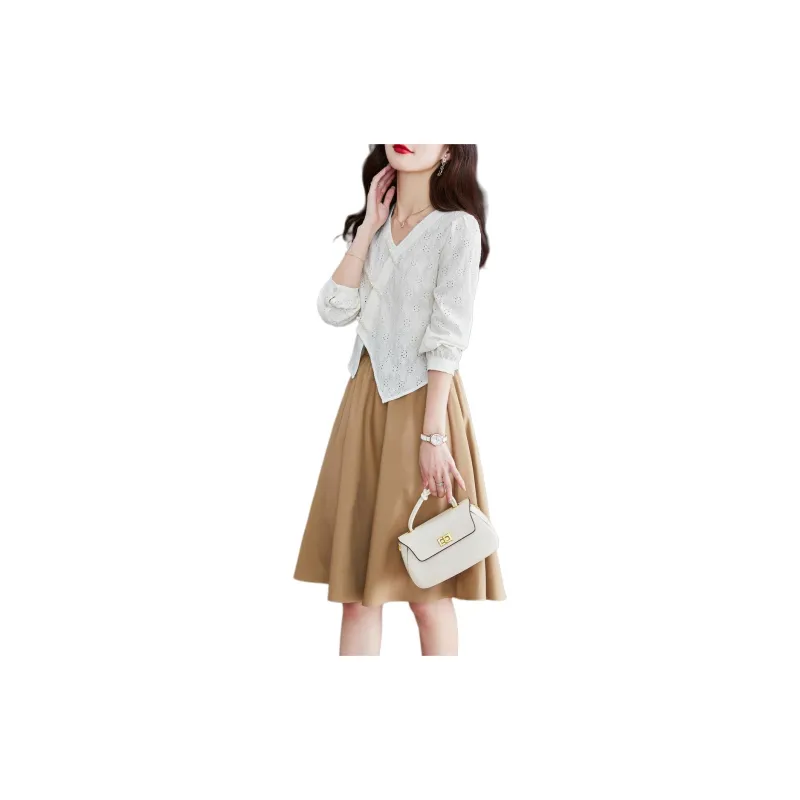 Still quiet Two Piece Skirt Sets Women's Beige+Khaki-2