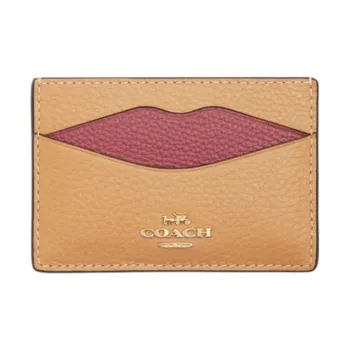 COACH Leather Card Holder Mini Unisex Gold & Latte Multicolor