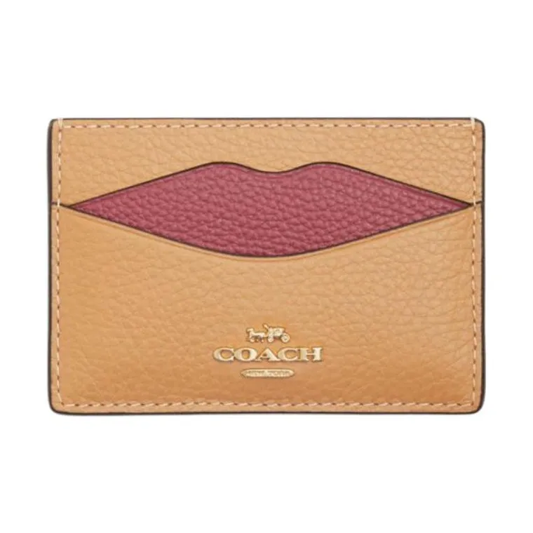COACH Leather Card Holder Mini Unisex Gold & Latte Multicolor-0