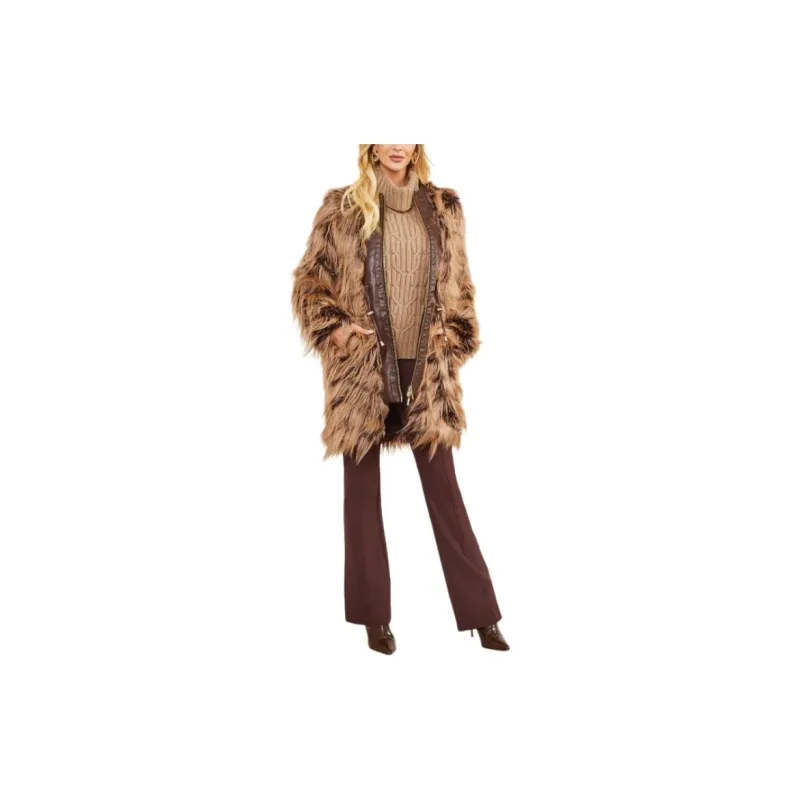 GUESS Dinah Shaggy Coat Jackets Coats Women's Brown-5