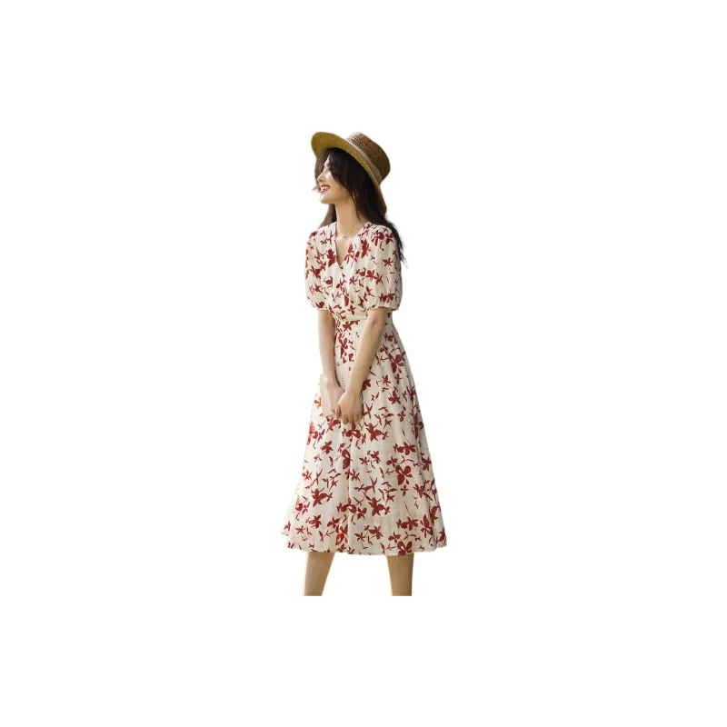 XWI Short Sleeved Dresses Women's Light Beige With Red Flowers-2