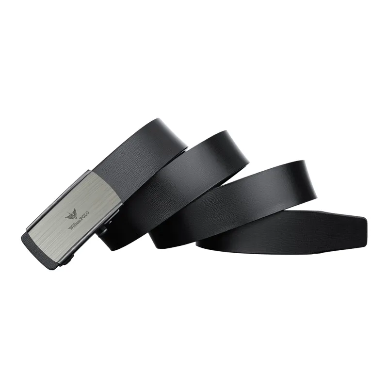 WilliamPOLO Cow Leather Leather Belts Men's Silver Buckle With Black Logo 3.4cm Wide-1