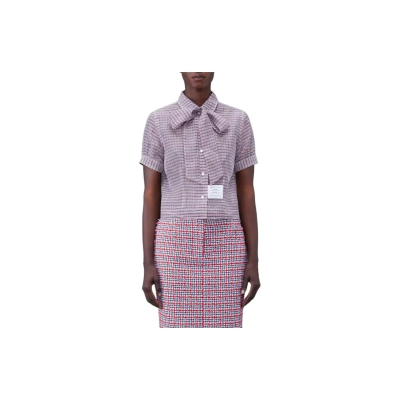 THOM BROWNE Bow Collar Checked Blouse-3
