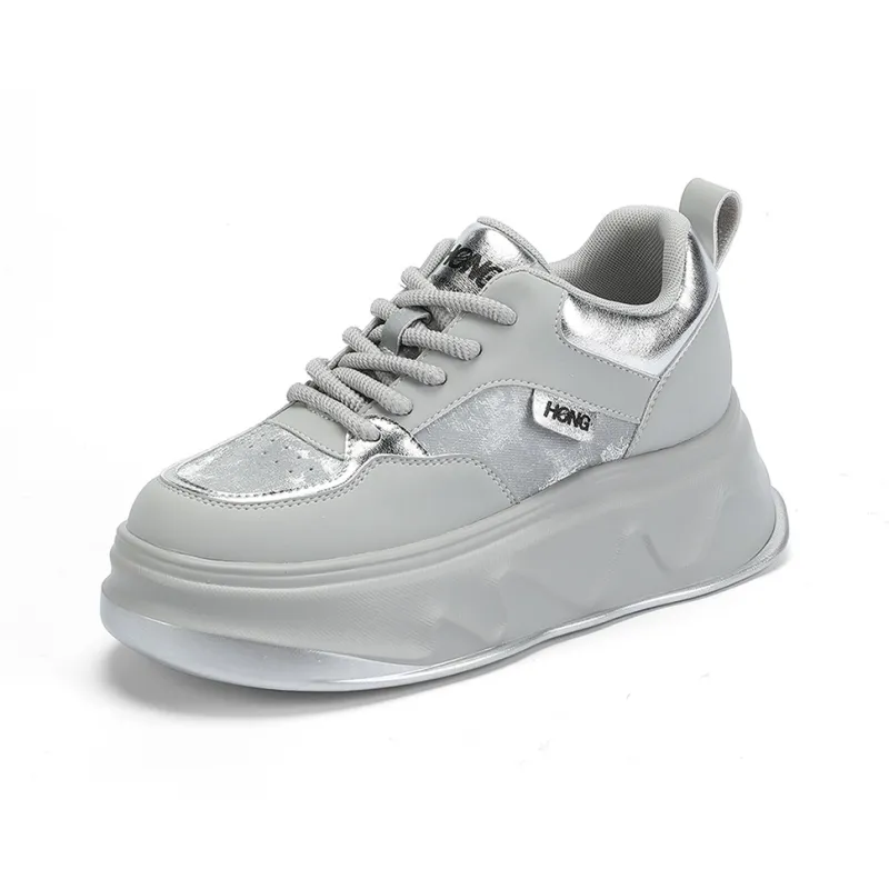RED DRAGONFLY Skateboard Shoes Height Increasing Lightweight Low Top Casual Shoes Women's Beige Silver-7
