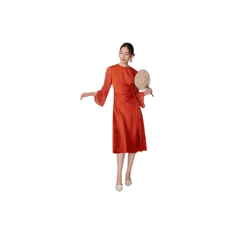 BBLLUUEE Long Sleeved Dress Women's Wind Dye Red-4