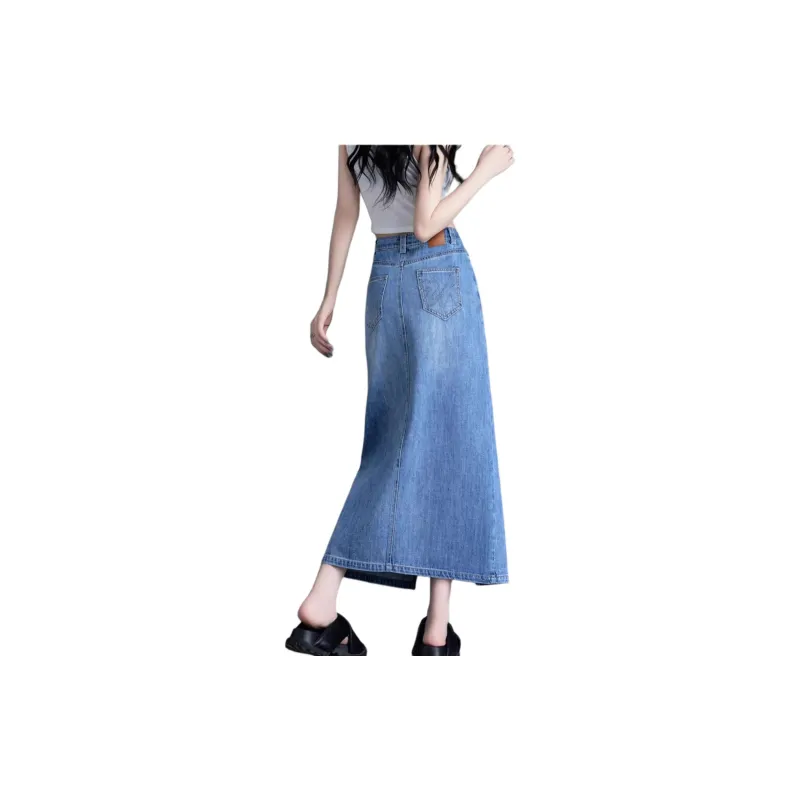 You Cow Me Pants Denim Long Skirts Women's Light Blue-2
