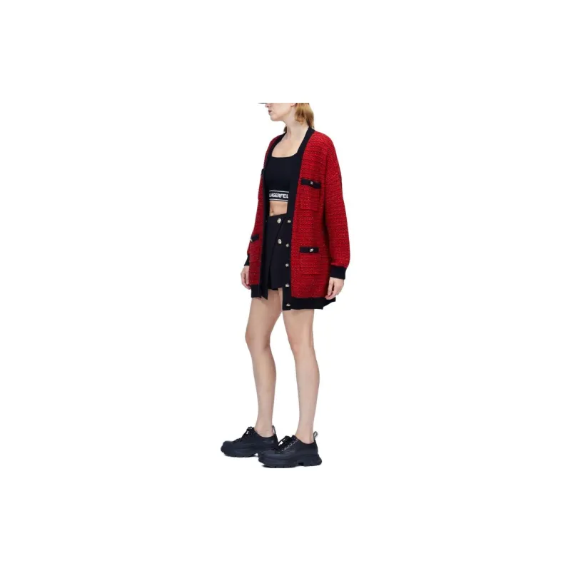 KARL LAGERFELD Long Sleeved Knitted Fabric Cardigan Women's Red-3