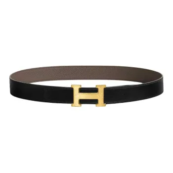 HERMES Calfskin, Metal, Gold Plated Leather Belts Unisex Black Width 3.2CM