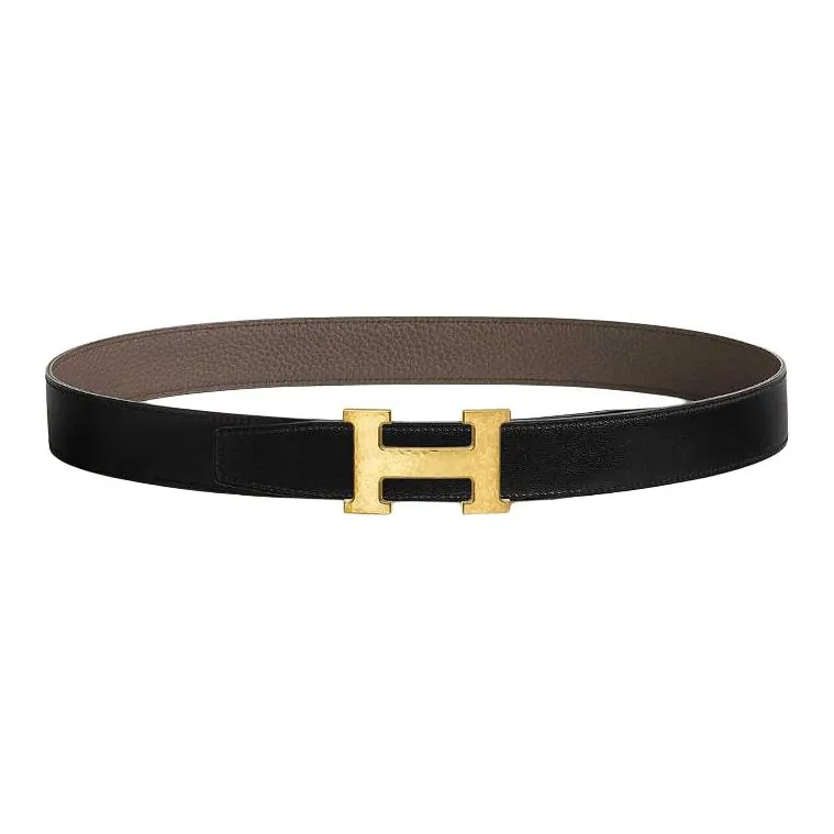 HERMES Calfskin, Metal, Gold Plated Leather Belts Unisex Black Width 3.2CM-0