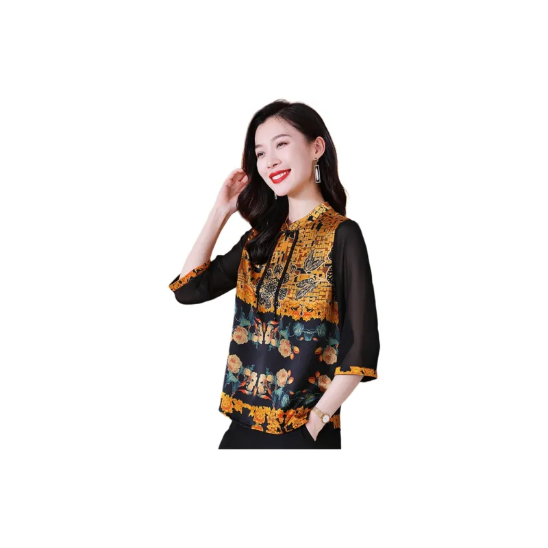Yi Mengyuan Silk Shirt Women's Yellow Flower-3
