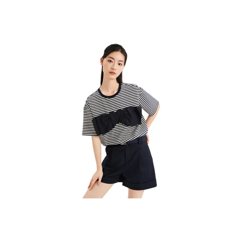Hopeshow T Shirt Women's Navy Blue Stripes-3