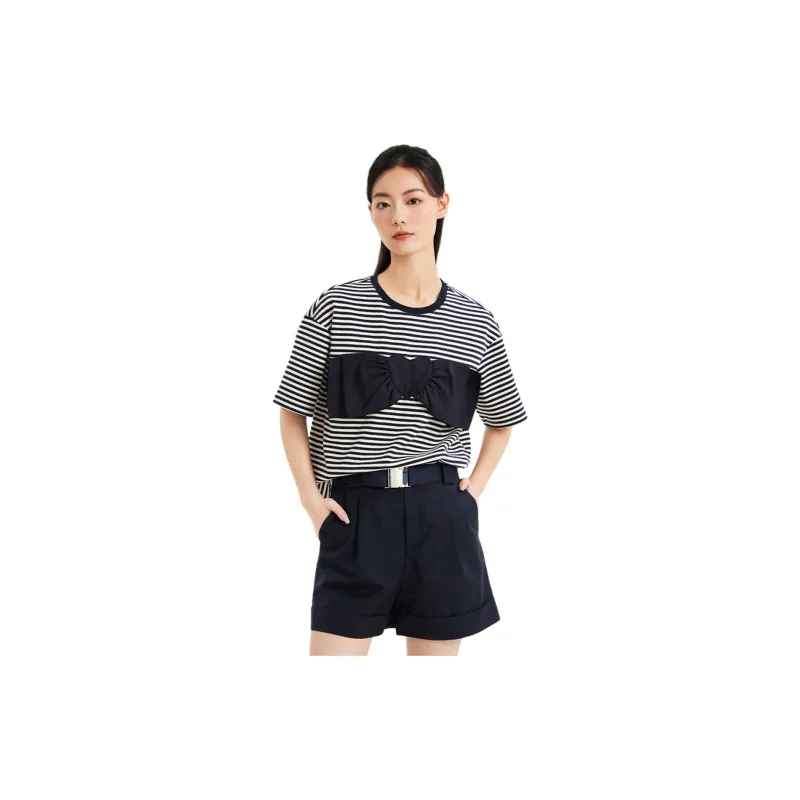 Hopeshow T Shirt Women's Navy Blue Stripes-2