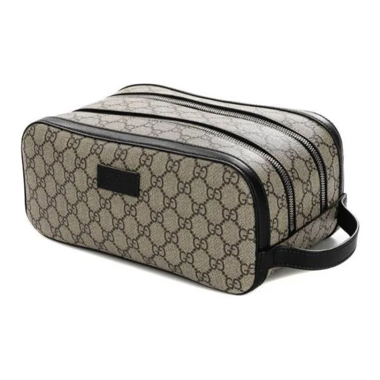 GUCCI Leather Paneled Canvas Clutch Men's Black & Beige-1