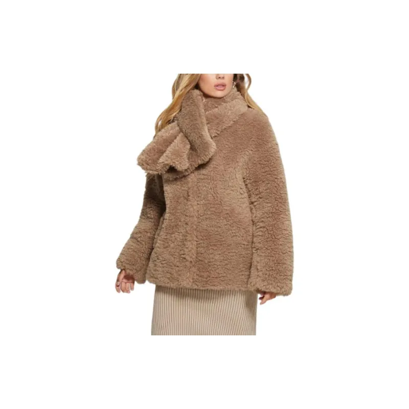 GUESS Rebecca Scarf Teddy Jacket Jackets Coats Women's Brown-1