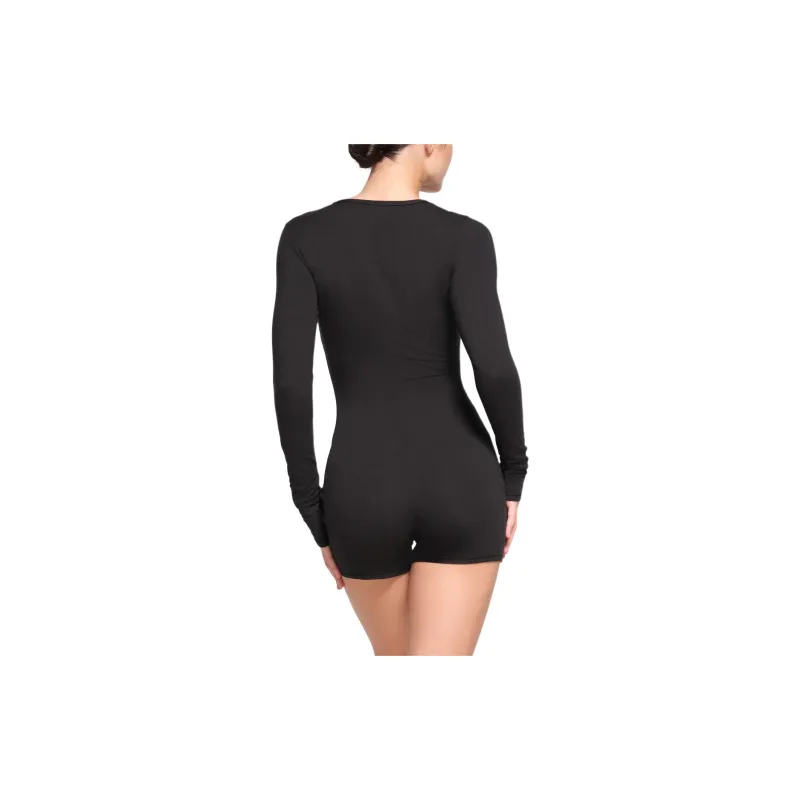 SKIMS COTTON JERSEY BUTTON UP HENLEY ONESIE Bodysuits Women's ONYX/Onyx-2