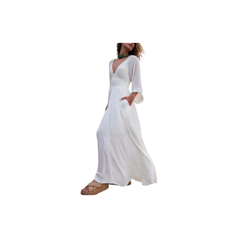 FREE PEOPLE Dixie Maxi Long-Sleeved Dresses Women's Egret/White Egret Color-3